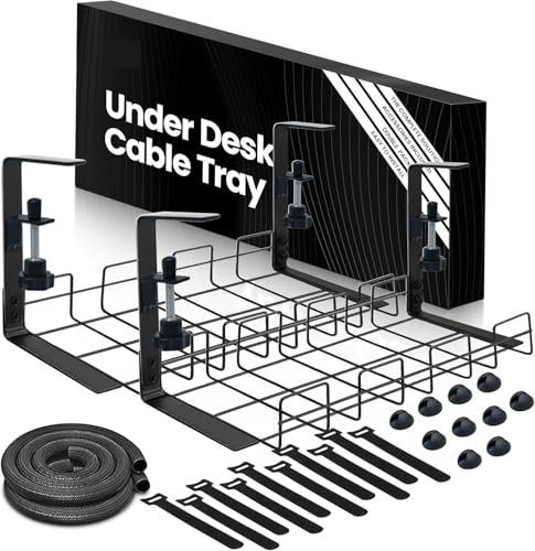 FNX Under Desk Cable & Wire Management Kit | Desk Organizer Tray for Tidy Storage of Cables, Wires & Cords - No Drilling | Suitable for All Types of Tables - Minimum Table Thickness 17mm | Pack of 2