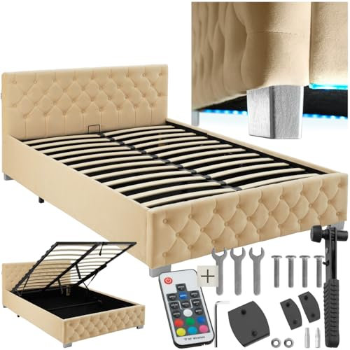 tectake® Chesterfield Schlafzimmer Bett mit Bettkasten, Polsterbett, Bett mit Stauraum, Doppelbett, Jugendbett, King Size Bed, Schlafbett, Gaming Bett mit LED, beige, 140 x 200 cm