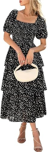 FGQHH Womens Square Neck Smocked Dress Summer Puff Short Sleeve Floral Casual Ruffle Tiered Flowy Maxi Wedding Guest Dresses