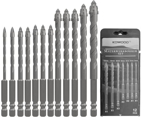 12 Teiliger Exzenterbohrer Set Beton, Multifunktions Sägezahnbohrer Mit 4 Schneiden,1/4 Sechskantschaft, Powerbit Bohrer für Porzellan, Keramik, Fliesen, Beton, Ziegelwand, Glas (3–12 mm)