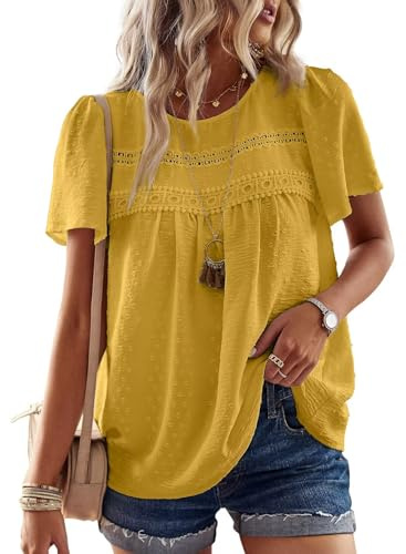 TUUHAW Camicia Donna Girocollo Casual T-Shirt con Scollo Manica Corta Pizzo Estiva Boho Maglietta Elegante Blusa Allentate Giallo M
