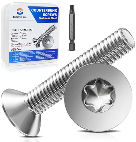 Gomeer 30 Stück M6 x 30 mm Senkkopfschrauben Torx Innensechskant aus A2 V2A Edelstahl Schrauben mit Torx Schlüssel Sechskant Schrauberkopf Norm ISO 14581 / DIN 965,für Maschinen, Möbel,Reparaturen