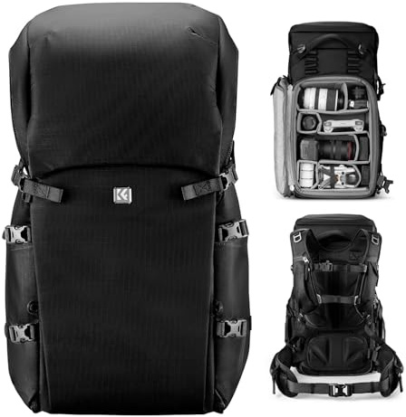 K&F Concept kameraryggsäck 30 L, professionell stor fotoryggsäck, kameraryggsäck vattentät, reseryggsäck för DSLR/stativ/hjälm, för 15 tums bärbar dator, lämplig för klättring/vandring/resor, 1-Svart
