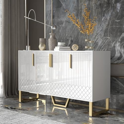 OLIVIBED Sideboard mit 4 Türen, Kommode mit Griffe und Beine aus Metall, Hochglanz Anrichte mit Stauraum, Geometrisches Design, Wohnzimmerschrank für Wohnzimmer, Esszimmer, 140x40x80cm, Weiß