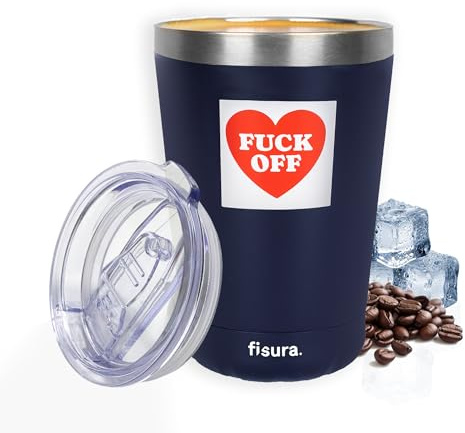 Fisura – Vaso termo original “F*ck off”. Vaso termo para llevar azul. Taza de café 310 ml. Taza térmica acero inoxidable para coche. Libre de BPA. Regalo divertido
