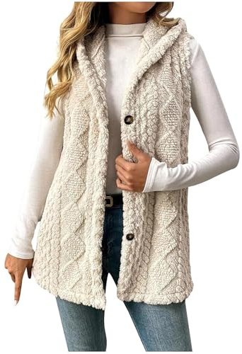 Teddy Fleece Weste Damen Ärmellos Lang Fleecejacke mit Kapuze Knöpfen Teddyfleece Jacke V-Ausschnitt Fleeceweste Locker Westen Winter Wärme Teddyweste Outdoor Winterjacke Plüschweste Übergangsjacke