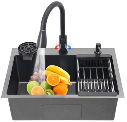 Fregadero de cocina de acero inoxidable, 60 x 45 x 20 cm, color negro, fregadero de cocina con grifo extraíble, lavadora de tazas, dispensador de jabón y escurridor, para apartamentos, baños, patios