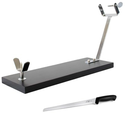 Fackelmann Set Jamonero XXL Negro, Madera de Pino Resistente 48x30x17 cm, Base Estable para Jamones Grandes, Incluye Cuchillo Jamonero 23/34 cm
