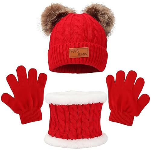 Set de Bufanda Gorro y Guantes, Conjunto de Bufanda Sombrero y Gorro Niño Invierno, Gorros con Pompon Lana NiñoBraga Cuello Polar y guantes de punto cálidos para niño 2-6 Años