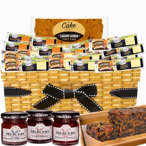 Cheese Hampers Gift Set - 20x Ilchester Cheeses, 3x Chutney, Fruitcake, Card in Wicker Box- Cheeseboard Gift, Food Hampers for Men Women, Cheese Selection Box, Teachers Day Gifts, Fathers Day Hamper