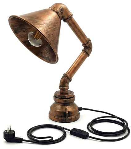 DC VOLTAGE Steampunk-Tischleuchte im Wasserrohr-Design – Industrielle E27-Tischleuchte, gebürstetes Kupfer, 2-poliger Stecker