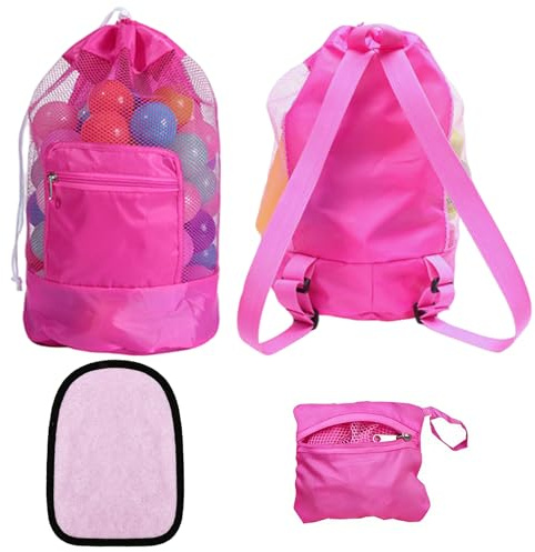 TENGWA Bolsa de Juguetes Playa de Malla 48 * 24cm Bolsa Plegable de Malla de Playa Rosa Incluye 1 Guante Bolsas de Juguetes Plegable Portátil Reutilizable para Niños Guardar Concha