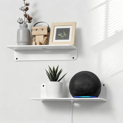 HJ-hghpiftr Wandregal Weiß Alu 2 Stücke, 23x12.5cm Floating Shelves, mit Kabelauslass für Badezimmer, Küche, Schlafzimmer & Wohnzimmer