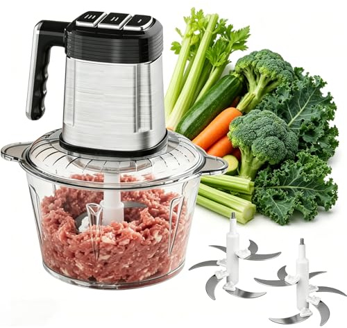 Food Processor & Food Chopper with 2L Glass Bowl & 2L Stainless Steel Bowl | Electric Meat Grinder with 2 Sets Bi-Level Blades, 3-Speed Control for Meat, Vegetables, Fruits, Nuts, Baby Food