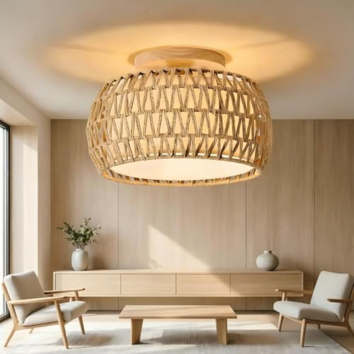 BTLINK Rattan Deckenlampe 32cm Boho Deckenlampe E27 Vintage Deckenleuchte | Geeignet für Wohnzimmer, Schlafzimmer, Flur, Landhausstil – Leuchtmittel frei wählbar (nicht enthalten)