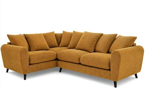 SofaSelection Harlow Jumbo Cord Left Hand Dual Arm Corner Sofa, Two Modern Tailored Sofas Joined at the Corner, Plump Scatter Back Cushions, Solid Hardwood Frame, Mustard