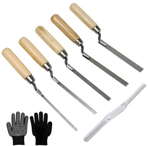 VEGCOO 7 Pcs Pointing Trowel Set, Stainless Steel Finger Pointing Tool 6/8/10/12/15mm with Brick Jointer & Work Gloves, Professional Bricklaying Tools for Masonry, Gap Repair Tuck Pointing