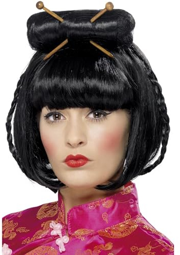 Smiffys Orientalische Lady Perücke, Schwarz, Mittellang mit Essstäbchen Halloween