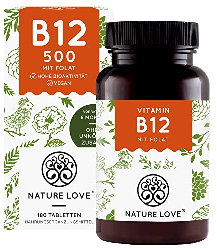 NATURE LOVE® Vitamin B12 Vegan - 500 µg pro Tagesdosis - 180 Tabletten - Beide aktive Formen Adenosyl- & Methylcobalamin + Depot + Folat 5-MTHF aus Quatrefolic® - Hochdosiert und laborgeprüft