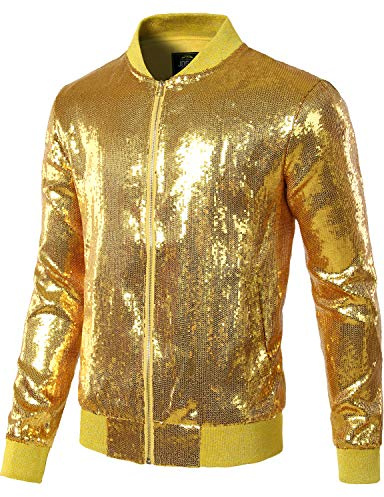 JOGAL Herren Metallic Pailletten Jacke 70er Baseball Bomberjacke Disco Nachtklub Party Kostüm Gold Groß