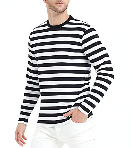 Mens Black White Striped Long Sleeve Crewneck Basic T-Shirt | Regular Fit,Standard Length,Unisex Striped Cotton Spandex Tee,Anti-PillingFade-Resistant,Multicolor Casual Pullover