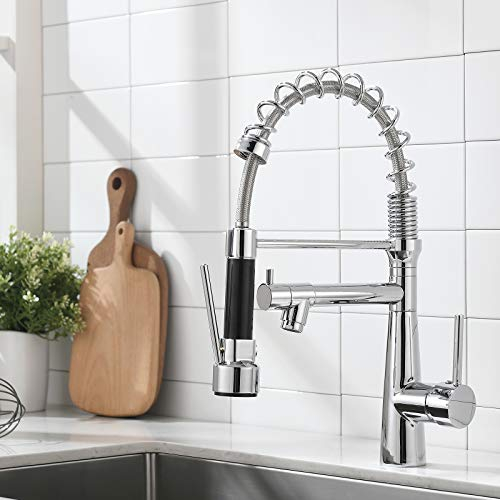 TIMACO Wasserhahn Küche Chrome Küchenarmatur mit Spiralfeder, 360°Schwenkbare Spültischarmaturen mit Zwei Auslauf,Wasserhahn Küchen & Brause ausziehbar- Hochdruck