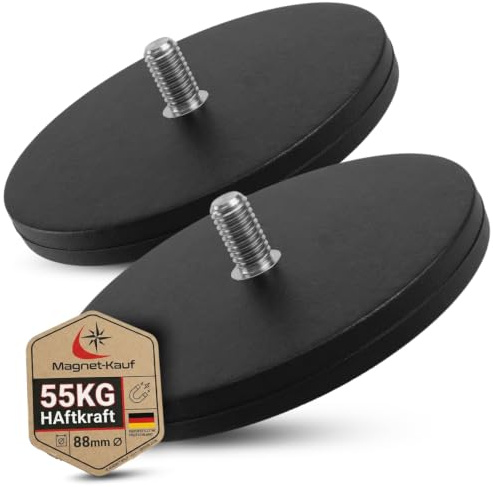 2x Neodym Magnete Gummiert Ø 88mm Mit M8 Außengewinde 55 KG Zugkraft Flachgreifer Magnet Scheibe Topfmagnet Gummi Runde Magnete mit Gewinde für Schrauben Öse oder Haken