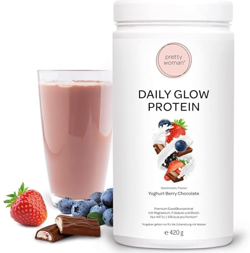 pretty woman Daily Glow Protein Pulver Yoghurt Berry Chocolate 420 g | Low Carb Shake, mit Vitaminen & Mineralien, Biotin & Folsäure, nur 0,5g Zucker pro Portion