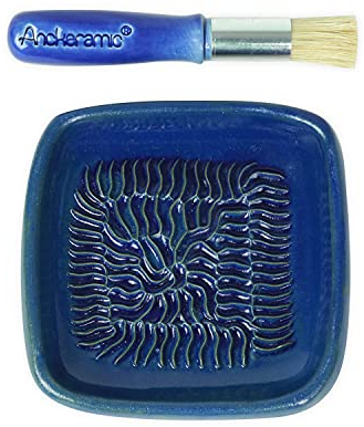 ANCKERAMIC® Ceramico Juego de rallador de cerámica y pincel para hornear, rallador de ajo, rallador de jengibre y cepillo de cocina de cerdas naturales, hecho a mano (color azul/azul)