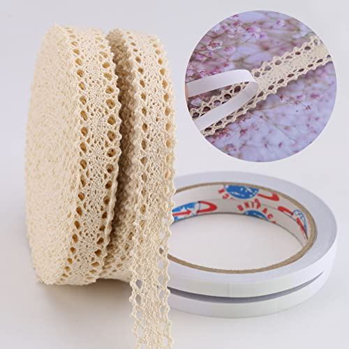 DAHI selbstklebende Spitzenband 26 Meter Baumwolle Dekoband -2cm Vintage Spitzenborte Häkel-Borte für Basteln Nähen Hochzeit Deko Scrapbooking Geschenkbox (beige)