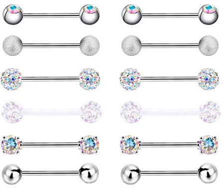 Cupimatch 6 Paar Zungenpiercing Nippel Barbells Brustwarzenpiercing Edelstahl Barbell Körper Piercing Schmuck Ringe Zirkonia Nipplerings 14 Gauge rosegold silber