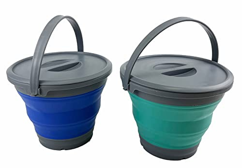 SAMMART 5,5 l zusammenklappbarer Kunststoffeimer mit Deckel – Faltbare runde Wanne mit Deckel – tragbarer Wassereimer zum Angeln – platzsparender (Purpurblau + Türkisblau)