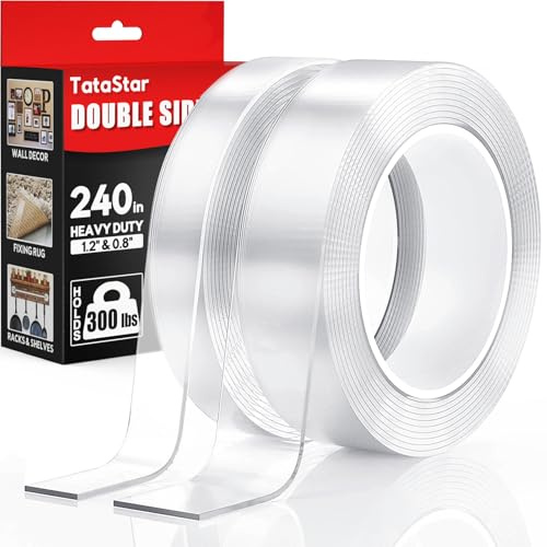 2 Rolls Double Sided Tape Heavy Duty - 240 x 1.2 & 0.8 - Removable Nano Tape for Poster Carpet Picture Hanging Strip Rug Wall Outdoor - Clear & Strong Adhesive Multipurpose Mounting Tape - 20 Feet