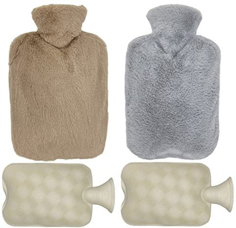 2 PCS Emsmil 2L Bouillotte avec Housse Bouteille d'eau Chaude Couvercle Anti-fuite Eau Amovible Lavable Peluche Souple Sac à Eau Durable pour Enfants Adultes Fournir Plus Chaleur Confort Gris Marron