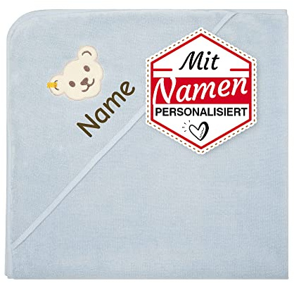 LALALO Steiff Bär Baby Kapuzenhandtuch mit Namen Bestickt, Kapuzenbadetuch/Kapuzentuch Babybadetuch Kinderbadetuch Duschtuch Badetuch, Geschenk zur Geburt & Taufe, blau Celestial Blue
