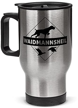 Tassendruck Edelstahl-Thermobecher mit Spruch - Waidmannsheil - Coffee to Go Becher, Reisebecher, Jäger Geschenke, Jagd Zubehör | Silber, 390 ml