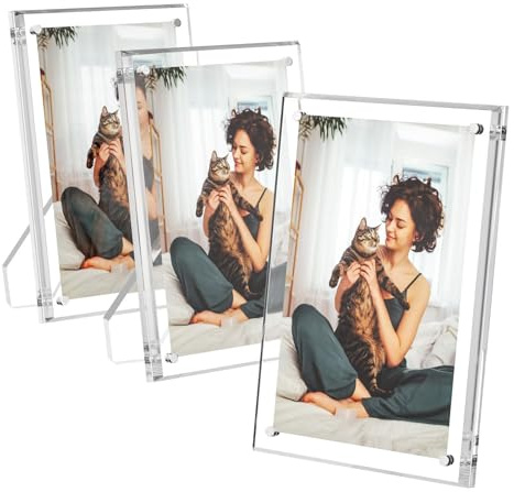AITEE 5x7 Acrylic Picture Frames 3 Pack, Clear Picture Frames with Stand, Magnetic Frame Lucite Frameless Transparent Floating Gift for Home Desktop Display