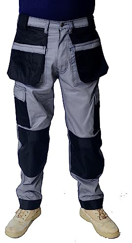 IBEX Holster Multi Pockets Tactical Combat Cargo Work Trouser Pant with Knee Pad Pockets, Grey/Black, 30 Waist - Short