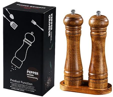 Salt & Pepper Grinder Set Wooden Pepper Grinder Kit with Tray Flavor Bottles with Adjustable Ceramic Shaker Suitable for Barbecue/Kitchen Decoration/Restaurant- 8 Inches-Pack of 2