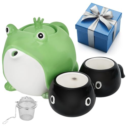 Juego de té japonés con diseño de rana y taza de té, juego de tazas de té de cerámica para padres e hijos, para viajes, hogar, regalos, al aire libre, tetera (30 onzas), 2 tazas de té (5 onzas)