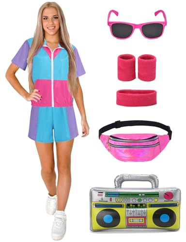 Velmawig 80er Jahre Outfit Damen 90er Jahre Kostüm Damen 80er jahre accessoires neon Party Trainingsanzug Kurzarm Jogginganzug LUXUS Retro Anzug für Karneval Fasching Mottoparty, Blau VL010L
