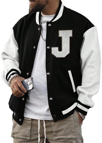 SOLY HUX Men's Bomber Jacket Color Block Letter Graphic Long Sleeve Baseball Varsity Jacket Coat Black and White Letter Small
