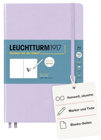 LEUCHTTURM1917 Skizzenbuch Medium (A5), 150 g/m², blanko, Lila | Hardcover, 112 Seiten, Zeichenkarton, Fadenheftung, säurefrei, Falttasche, Verschlussgummi, Lesezeichen