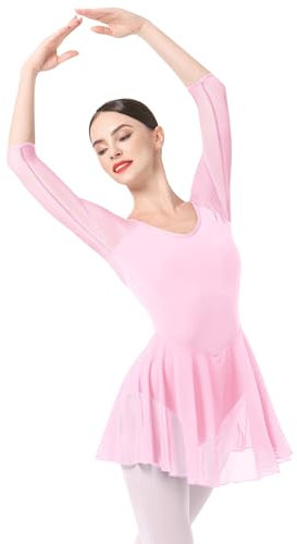 FYMNSI Damen Ballettkleid Ballettanzug Ballettbody 3/4 Arm Chiffon Tanzkleid Eiskunstlauf Kleid Erwachsene Ballettkleidung Rückenfrei Tanz Body Gymnastikanzug Trikot Turnanzug mit Rock Rosa XL