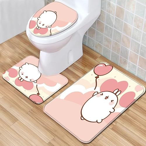 Bad Teppiche Set 3-Teiliges Rosa Beige Herz WC Vorleger Mit Ausschnitt Badematte Saugfähig WC Deckelbezug Badvorleger rutschfest Waschbar Toilettensitzbezug Badgarnitur (50x80cm)
