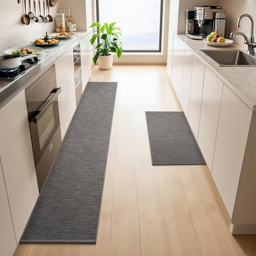 LEKEEPGO 2 Stück Küchenteppich, Teppich Läufer Küche, Küchenläufer, Grau | 43.5x75cm+43.5x200cm, Rutschfest, Schmutzabweisend, Absorbierend, Auslaufsicher, Waschbar, Leicht zu Reinigen,für Küchen,Flur