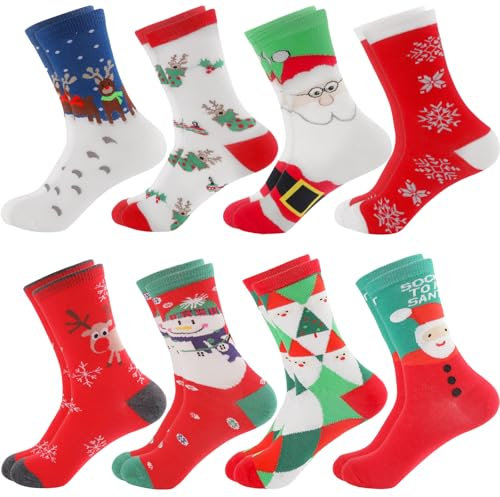 Snarflun 8 Paires Chaussettes Femme Fantaisie, Chaussettes Coton Rigolotes Femme, Animalière, Flocons de Neige, Père Noël, Motifs Rennes, Chaussette Drole pour Cadeaux Homme, Femme, Ado, Fille