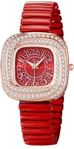 JewelryWe Damenuhr Elastische Leuchtende Uhr Glitzer Zirkonia Diamant Analog Quarz Armbanduhr Damen Edelstahl Stretch-Armband Lässige Uhr mit Zugarmband und Leuchtzeiger