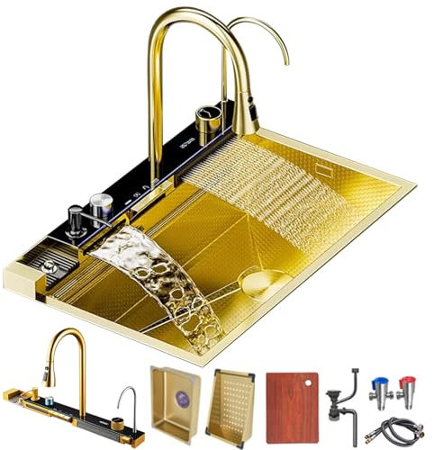 FIVIXIL Küchenspüle Whale Doppel-Wasserfallspüle mit LED-Display mit Tassenwaschmaschine, Seifenspender, Wasserfallmischer, Bedienelementen auf der Arbeitsplatte usw. (90 * 50 * 22cm, Gold)