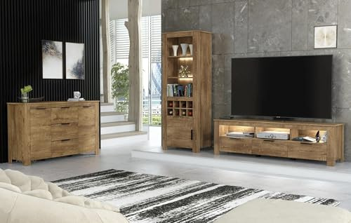 Furneo Prestigio 2 4 6 – Dark Oak Effect Living Room Set with TV Stand, Display Cabinet, and Sideboard, Includes LED Lighting (Full Set – 3 Pieces)